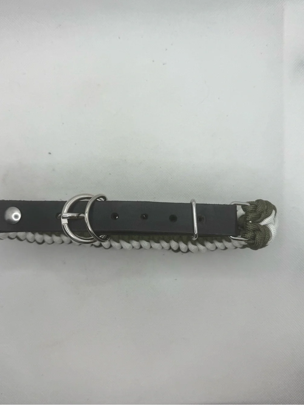 Handmade Olive & White Paracord Dog Collar Leather Adjustable